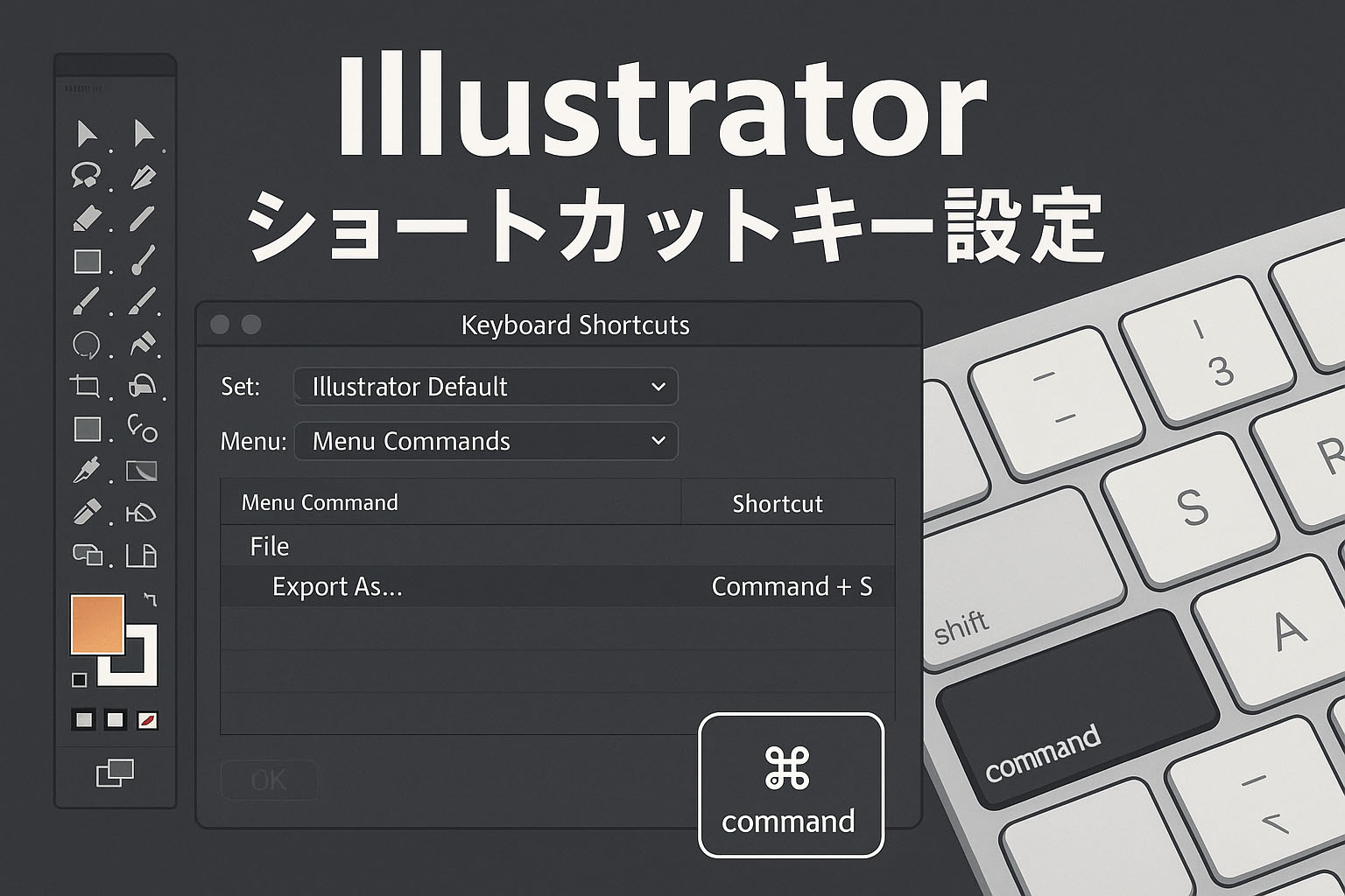 Illustratorのショートカット設定画面とMacのキーボードを組み合わせたイメージ画像。Commandキーとショートカット設定ウィンドウが強調されている。