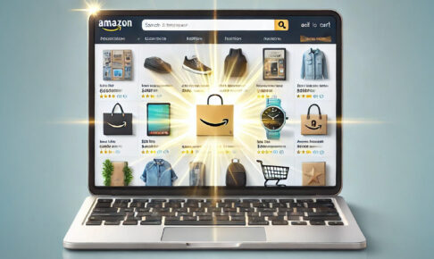 Amazonの商品ページデザインを象徴するトップ画像｜検索結果一覧を表示したノートPCの画面中央に光るAmazonの買い物袋アイコン