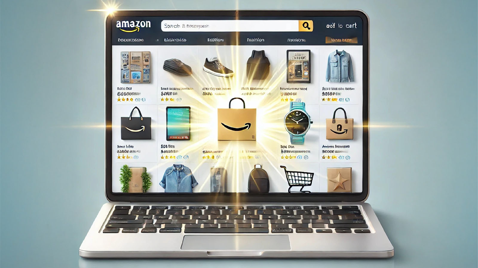 Amazonの商品ページデザインを象徴するトップ画像｜検索結果一覧を表示したノートPCの画面中央に光るAmazonの買い物袋アイコン