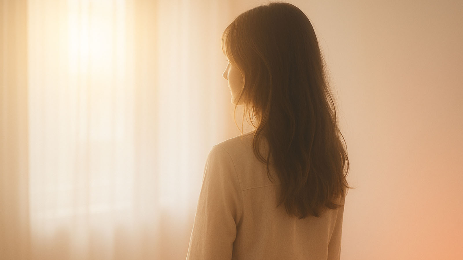 やわらかい光に包まれた逆光の女性シルエットの写真