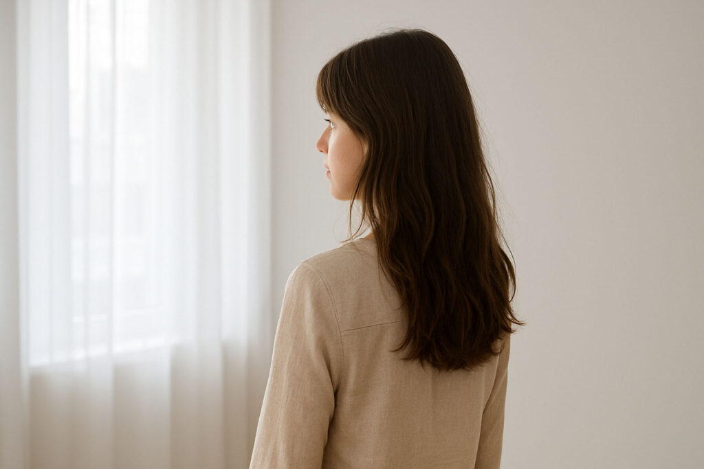 逆光気味の窓辺に立つ女性の後ろ姿の元画像(加工前)
